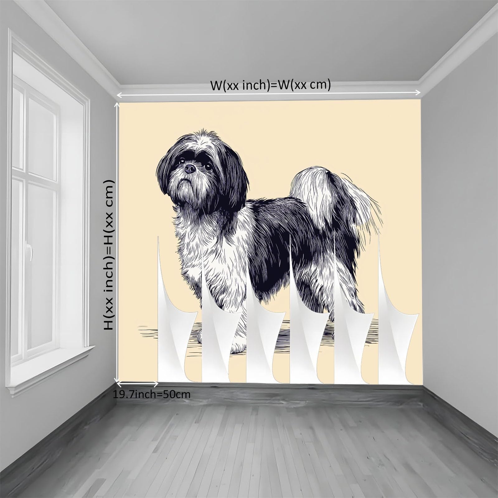 Fototapeta z włókniny, 200 x 140 cm, minimalizm, linie, zwierzęta, Shih Tzu, tapeta na fizelinie, tapeta ścienna, efekt 3D, nowoczesna tapeta do salonu, pokoju dziecięcego, tło TV, tapeta z motywem