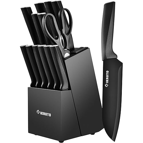 15-Piece Professional Kitchen Knife Set with Block – Built-in Sharpener, Anti-Slip Handles, Non-Slip Base – Effortless Cooking Tools for Chefs & Home Cooks (Black Gray)