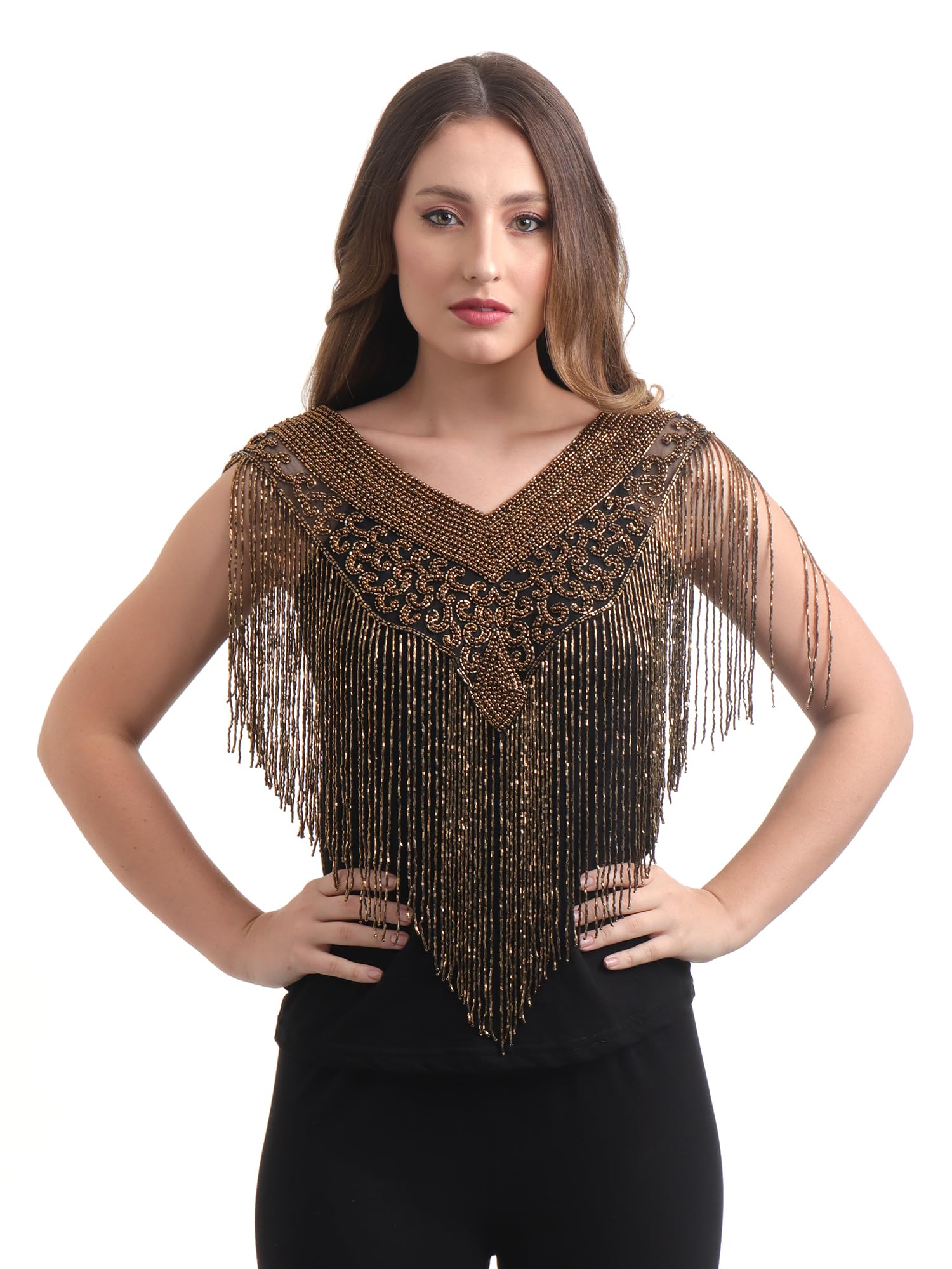 jedco Women's Net Cape, V-Neck Poncho with Beaded Embroidery, Sleeveless, Black and Gold-picture-38