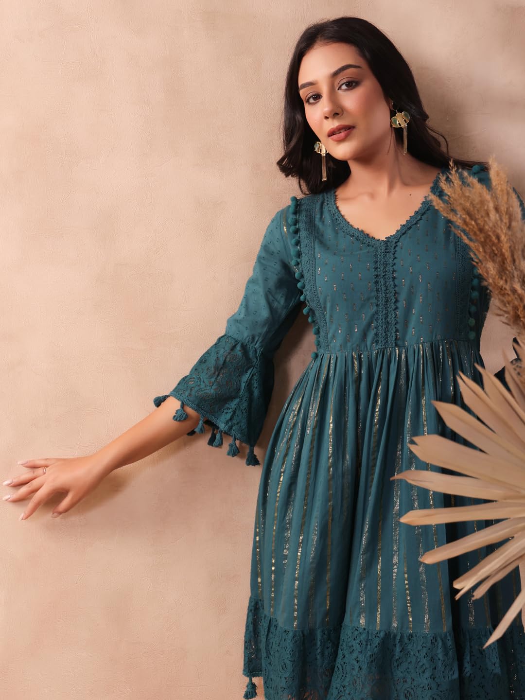 Ishin Women's Pure Cotton Embellished Teal Fit And Flare Indo Western Dress