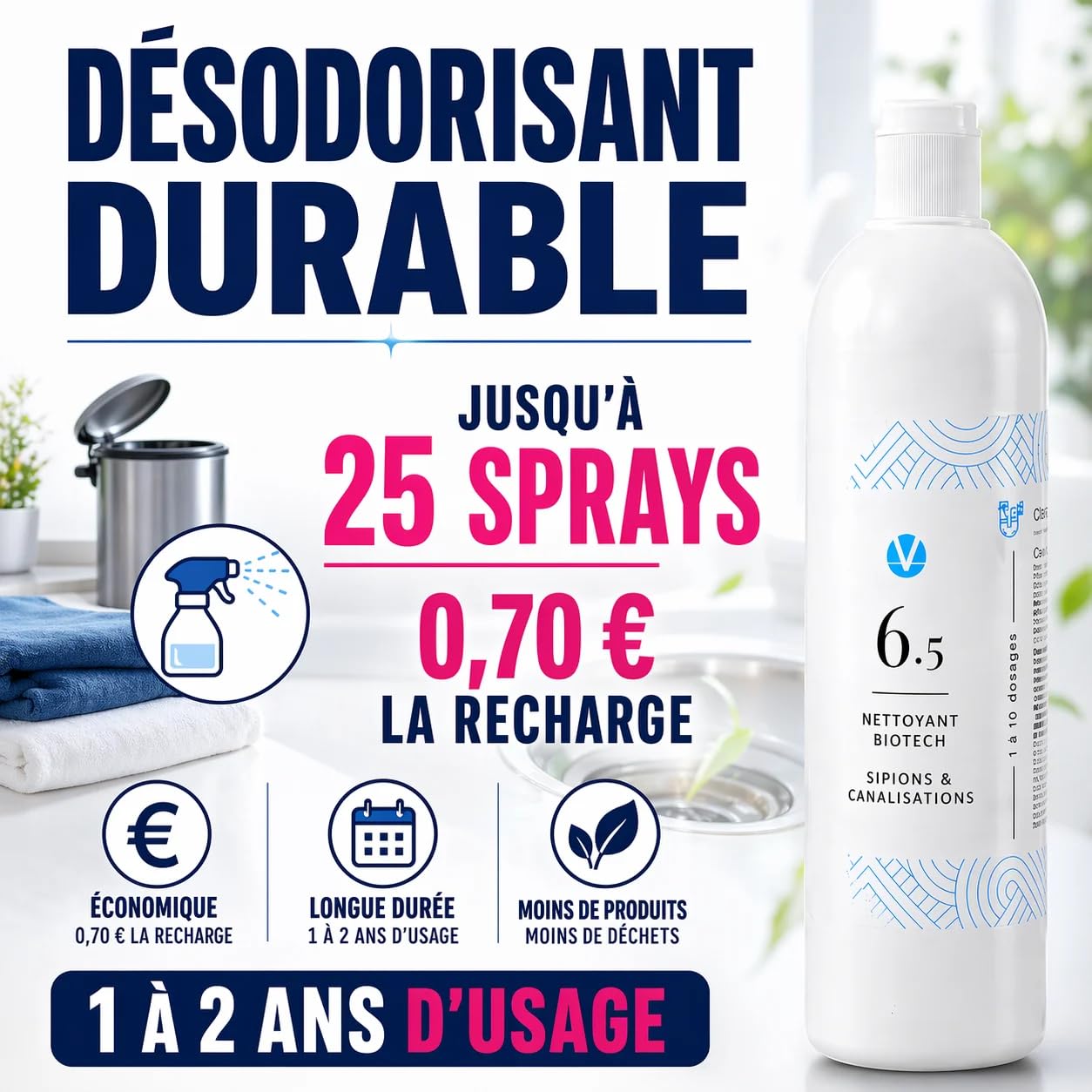 N°6.5 Canalisations Enzymatique Concentré – Odeurs Égout 50 Doses | 0,55€/dose, 1 à 2 ans d'autonomie, sans CMR ni perturbateurs endocriniens, sain pour animaux, Qualité Pro, fabriqué en France