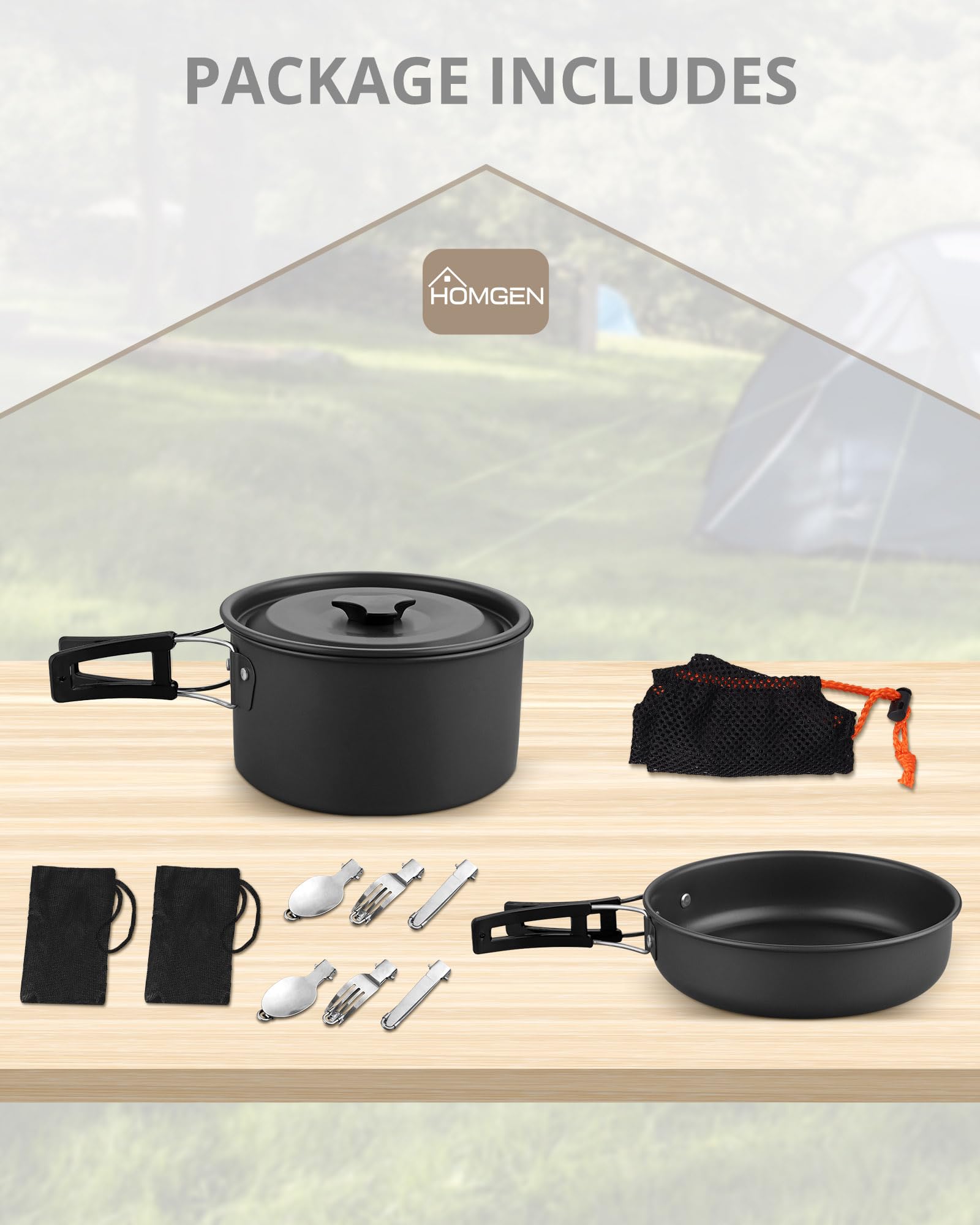Utensilios de Cocina para Camping HOMGEN Juego de Ollas y Sartenes para Acampar Juego de Cocina de Aluminio para 1-2 Kit Camping con Cubiertos para Estufa de Gas para Camping, Picnic, Senderismo, etc.