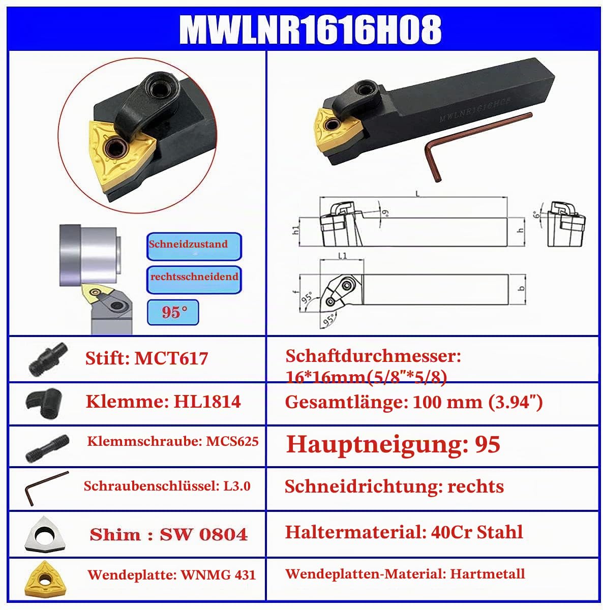 3 Stück CNC-Drehmaschinen-Drehmaschine, indexierbar, Hartmetall-Drehwerkzeug, Bit Set MTJNR1616H16 + MWLNR1616H08 + MCLNR1616H12 mit 3 Stück wnmg431, cnmg431, tnmg331 Hartmetalleinsätze, Index able