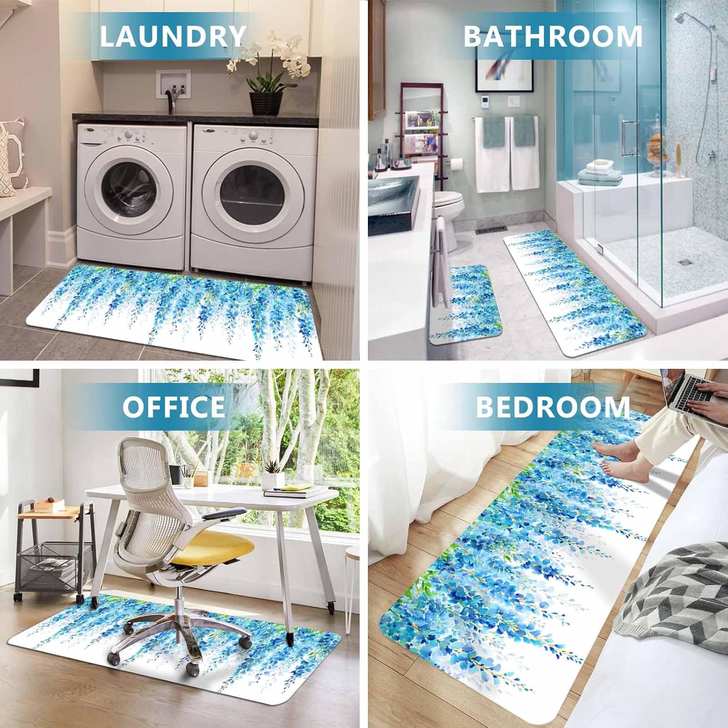 Spring Blue Wisteria Kitchen Mat Set 2 Pieces Watercolor Flowers Green Leaf Gradient Non Slip Kitchen Rugs Washable Runner Rug Mats for Floor Sink Laundry Office 23.6" x 35.4"+23.6" x 70.9"