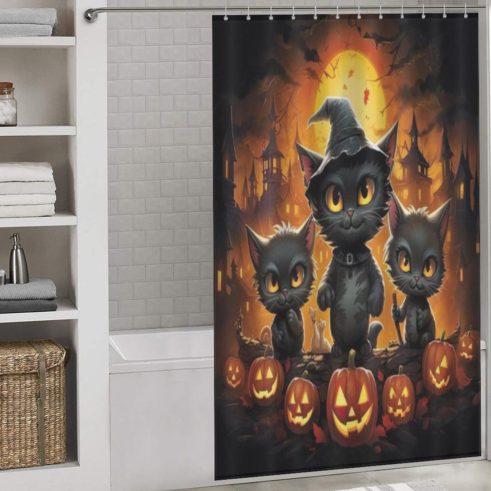 Rideau de douche Halloween citrouille imperméable 140x183 cm en tissu textile pour salle de bain