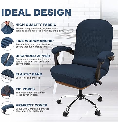 Miniatura 3 de NeColorLife Funda elástica para silla de oficina con fundas para reposabrazos, funda gruesa de jacquard a cuadros para silla de escritorio con