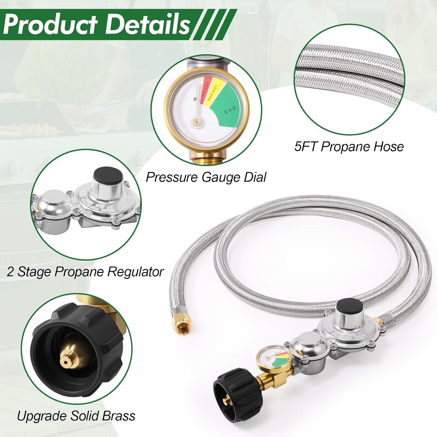 5FT 2 Stage Propane Regulator with Hose & Gauge, Stainless Steel Propane Regulator Hose for Grills, RV Appliance, Generator, Gas Stove and More, QCC1/Type1 Tank Connection, 3/8" Female Flare Nut