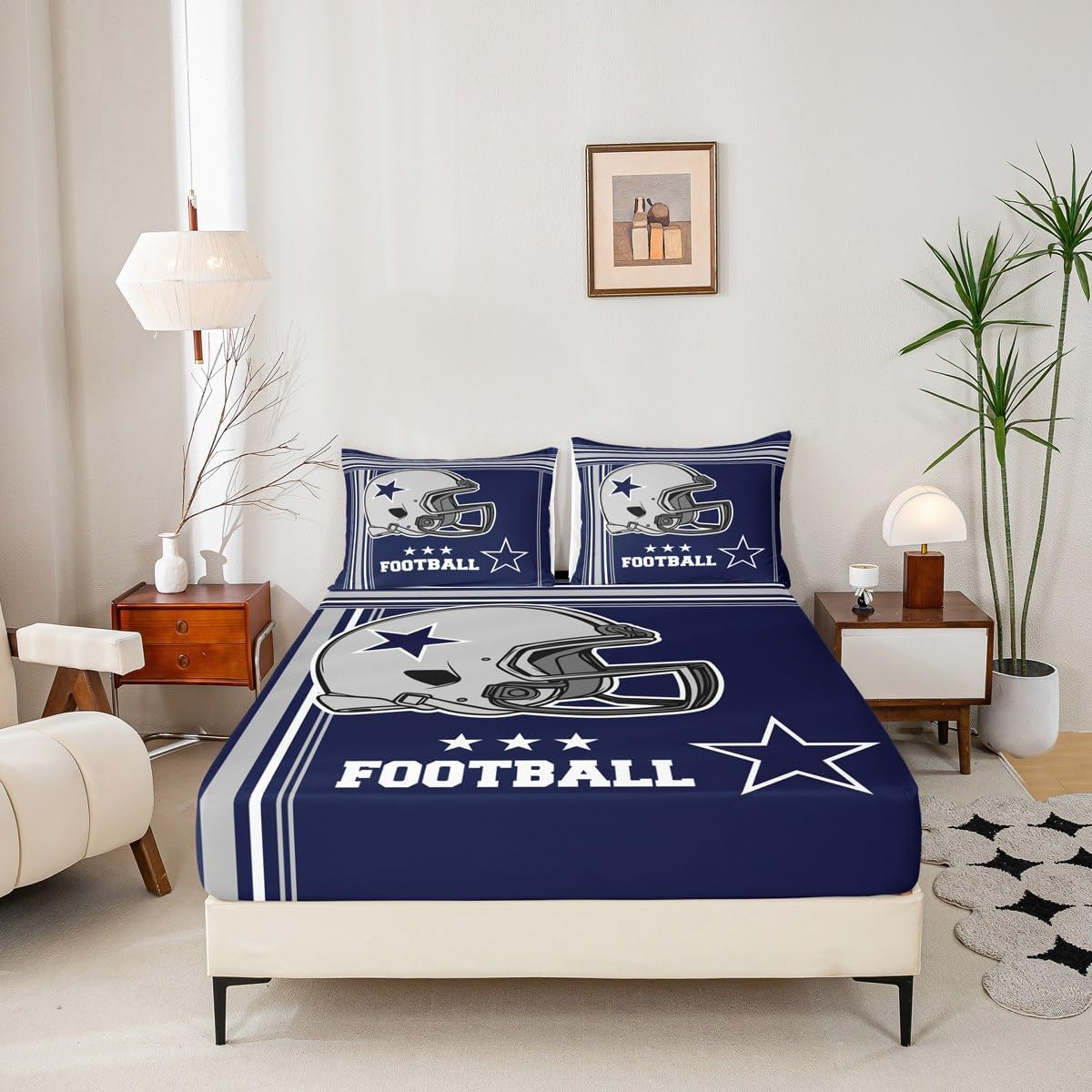 American Football Sheet Queen Size,Western Texas Star Cowboy Football Sports Bedding Set,Boys Men Room Decor,Rugby Helmet Geometric Stripes Blue Bed Sheet Set 4pcs(Fitted + Flat + 2 Pillowcases)