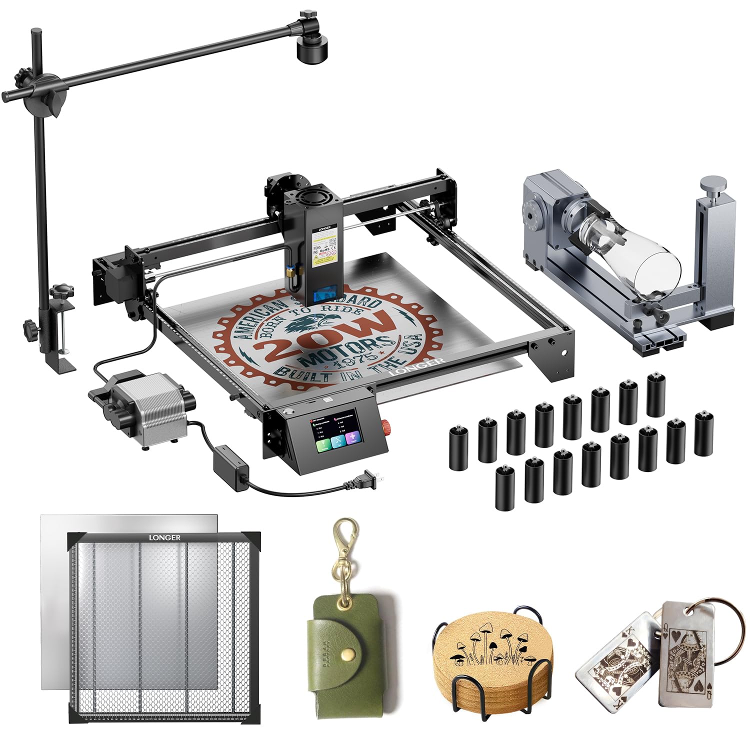 LongerRAY5 20W Laser Engraver with Air Assist Kit, 4-in-1 Rotary Roller, 16 Pcs Raiser, Camera Kits and Honeycomb panel 440*440mm, DIY, Cutting Tool for Metal Coloring, Acrylic, Wood, Glass, Leather.