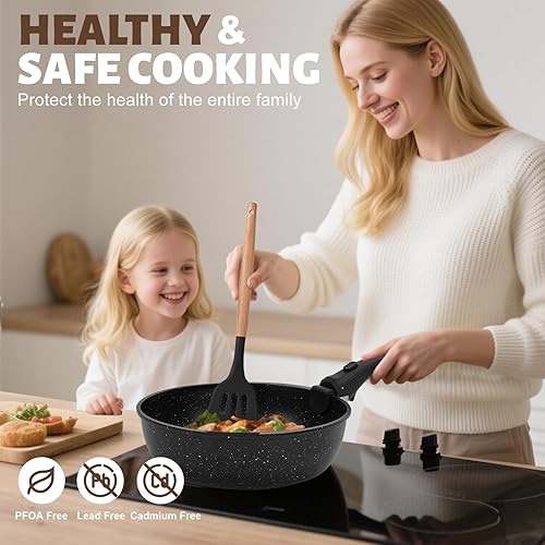 Miniatura 3 de Numola Juego de 10 ollas y sartenes antiadherentes con mango desmontable, juego de utensilios de cocina de cerámica para apilables, juego de