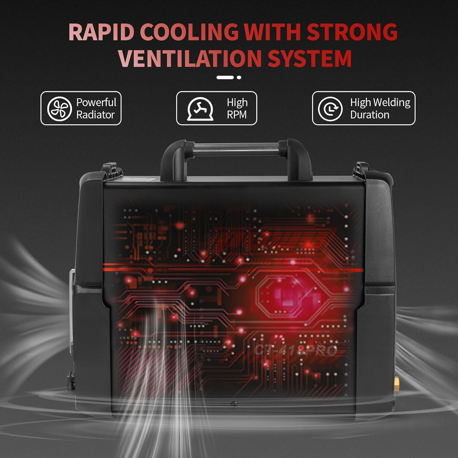 Diagram showing the rapid cooling and strong ventilation system of the CT-418PRO, indicating powerful radiator and high RPM fan.