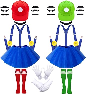 C4 World Book Day 2026 Costume Adults Women, Bros Costume Funny Carnival Costumes Accessories Hats, Tutu Skirt,Gloves, Suspenders, Buttons, Mustaches Cosplay Fancy Dress Party Set Girls Boys