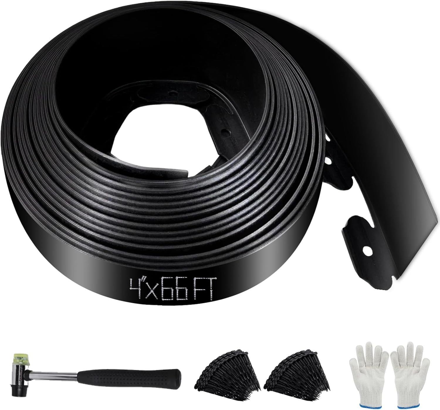 No Dig Landscape Edging 66FT, 4 Inch Plastic Edging for Landscaping with 200 Spikes, for Garden, Lawn, Flower Beds and Yard, Black