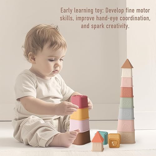 Miniatura 4 de Juguete de tazas apilables para bebés, torre de apilamiento de silicona, juguete de dentición suave de silicona, juguetes educativos para bebés,