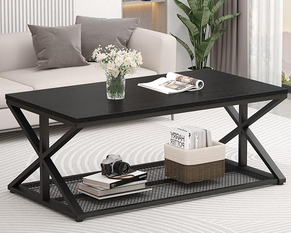 IBF Black Coffee Table with storage, Modern Wood Metal Rectangle Living Room Table, Industrial Middle Center Table with Mesh Shelf, Cocktail Tea Table for Kitchen Bedroom, Black Oak, 120 CM