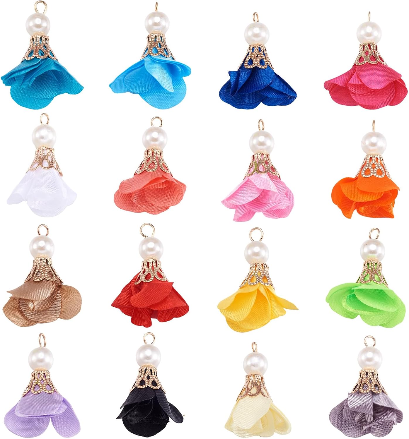 Cheriswelry 200pcs Cloth Fabric Flower Pendants Acrylic Pearl Floral Petal Tassel Charms with Golden Filigree Flower Metal Cap Mixed Color for DIY Earrings Keychain Jewelry Making Crafts 25-32mm - Image 7