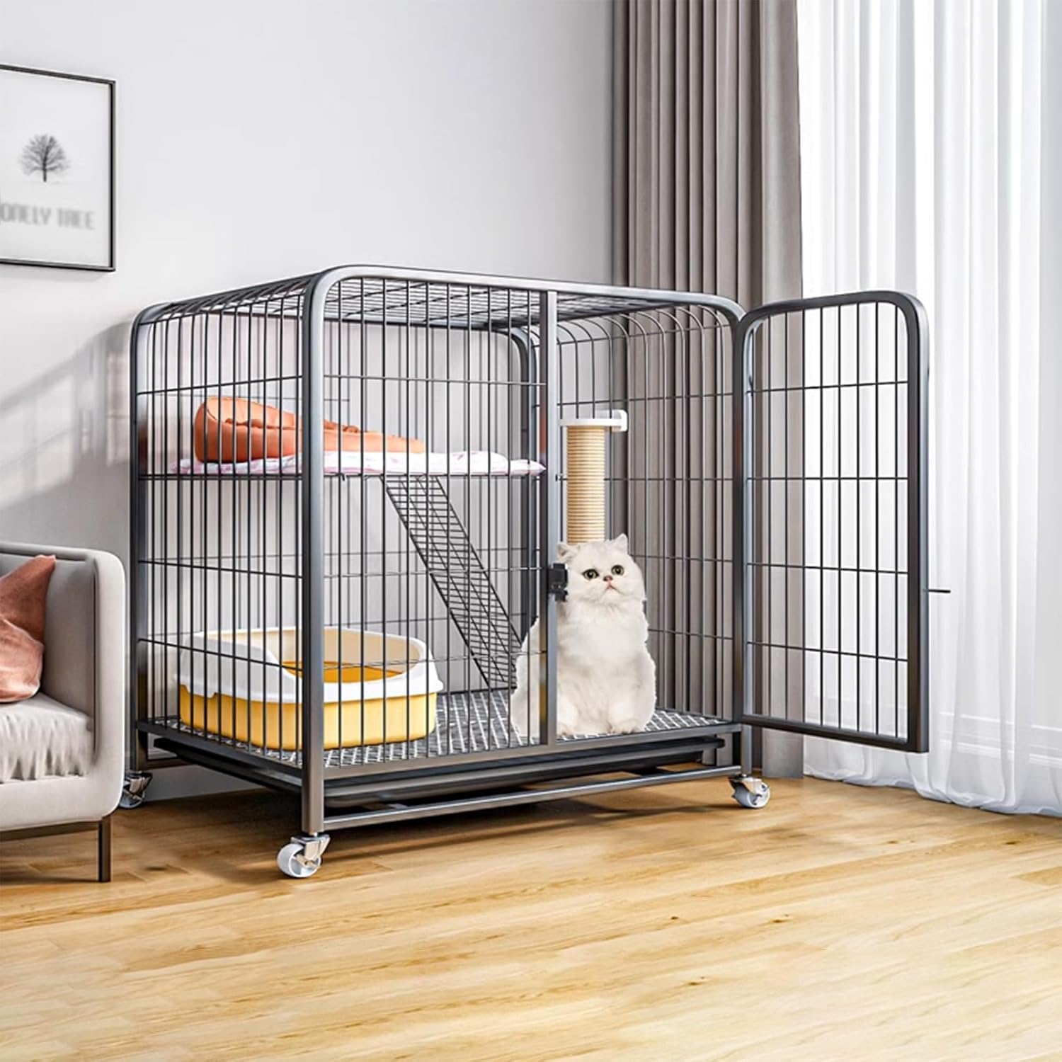 Large Cat Cage, Cat Crate with Litter Box, Cat Crate with Wheels, Playpen for Cat, for Small Animals, Puppies, Kittens, Rabbits
