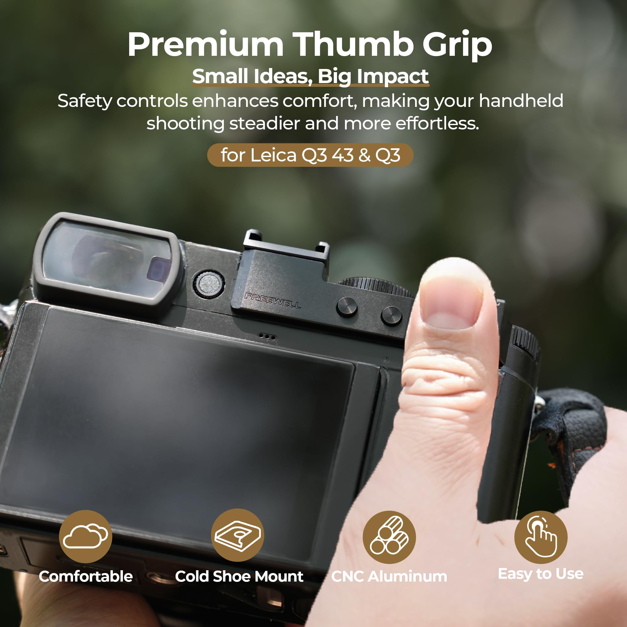 Freewell Uchwyt na Kciuk do Leica Q3/Q3 43 z Mocowaniem Cold Shoe | Wykonany z aluminium CNC z silikonową wyściółką chroniącą aparat przed zarysowaniami