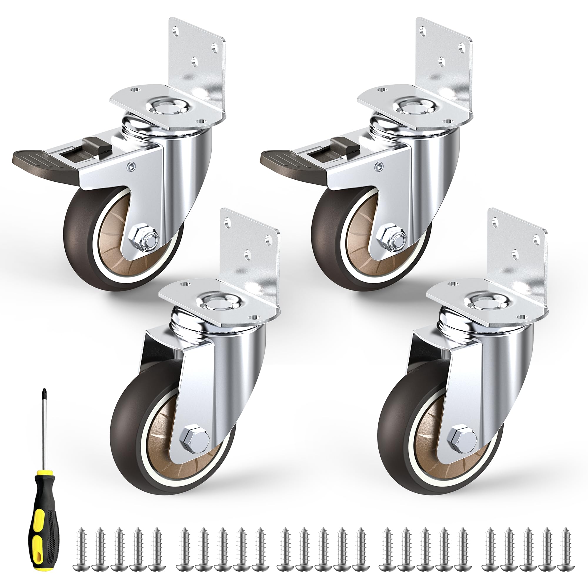 HOLKIE Möbelrollen mit Dicker L-Montageplatte, Schwerlastrollen Können, Rollen für Möbel mit 2 Bremse und 2 ohne, Ideale Lenkrollen für Blumenständer,Babybay,Couchtisch (4er-Set)