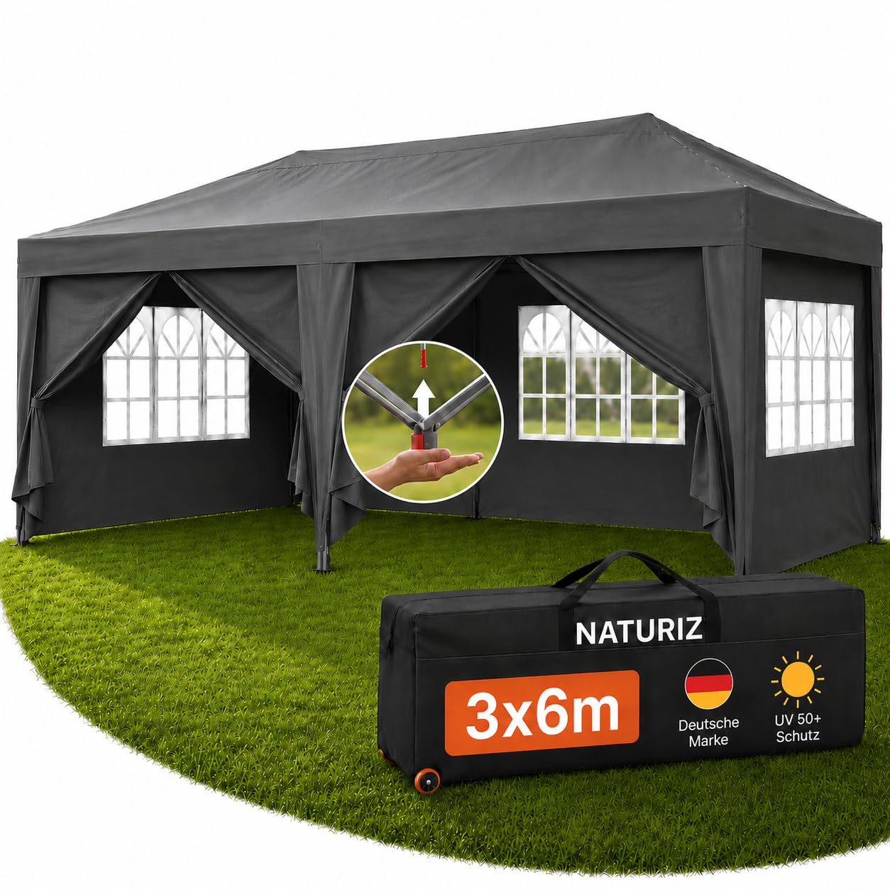NATURIZ® Pavillon 3x6 Wasserdicht Stabil & UV 50+ Schutz - Faltpavillon mit Seitenwänden - Pop Up Zelt für Garten, Camping, Märktestand & Partyzelt, Gartenpavillon, Gartenzelt, Festzelt, Gazebo