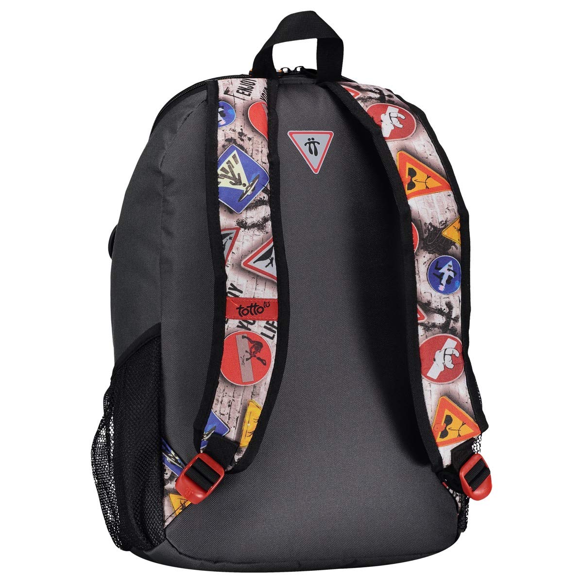 TOTTO - Mochila Escolar Grande, Modelo Street, Capacidad 21,78 litros, 2 Compartimentos, Luces Reflectantes, 2 Bolsillos para Botella, Correas en S para Mayor Comodidad, Estampado Señales