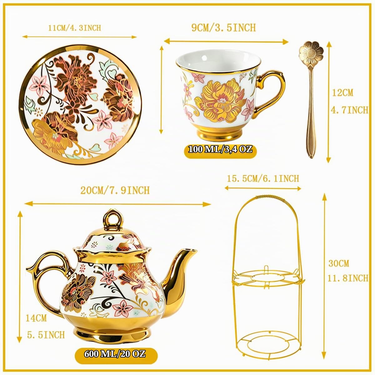 Service à thé en céramique rose rouge plaqué or, service à thé vintage avec théière, beau service à thé servant 6 personnes (pink, Medium)