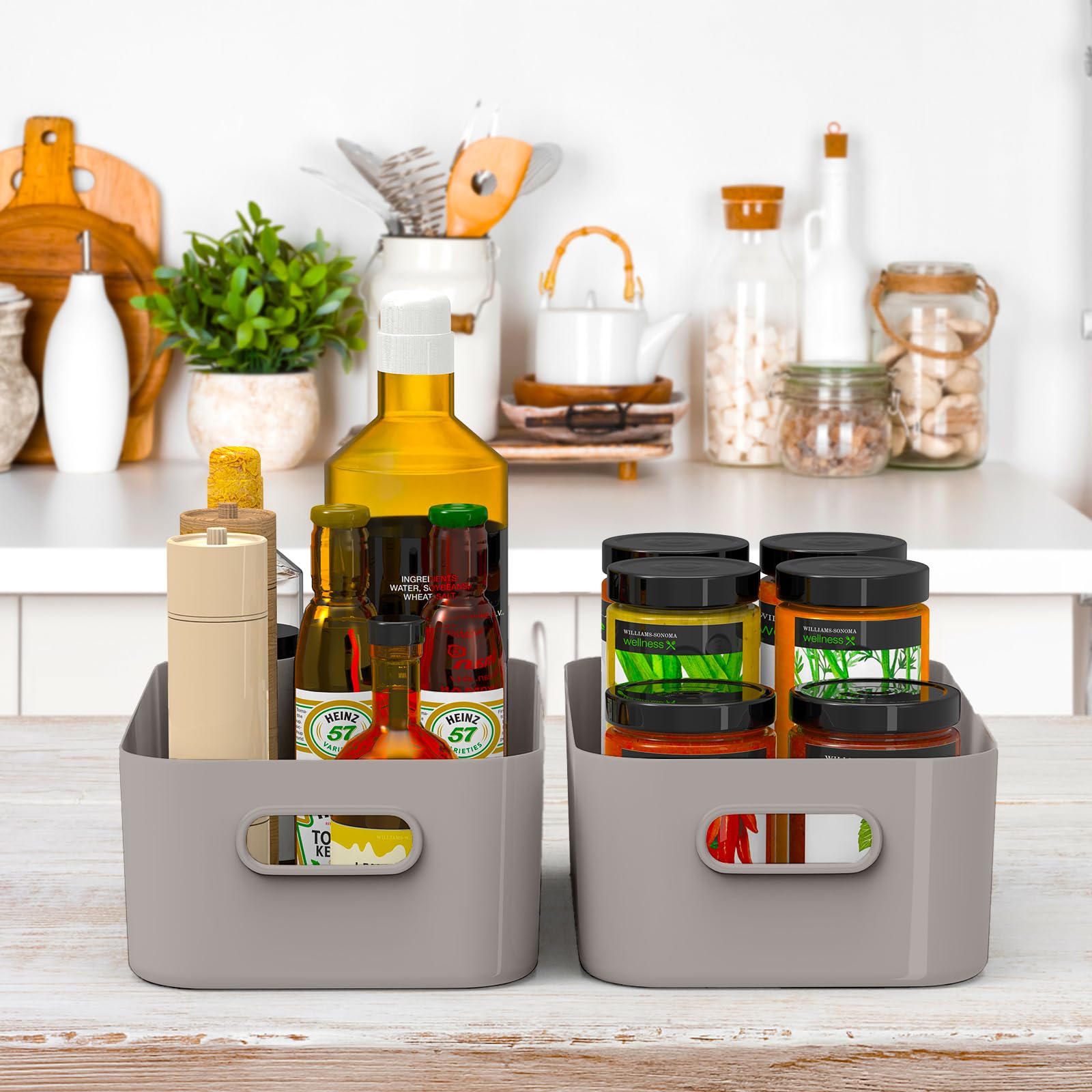 W&H 5 PCS Grey Plastic Storage Baskets with Handle, Medium Kitchen Cupboard Organiser Box, Under Sink Storage Boxes - Image 3