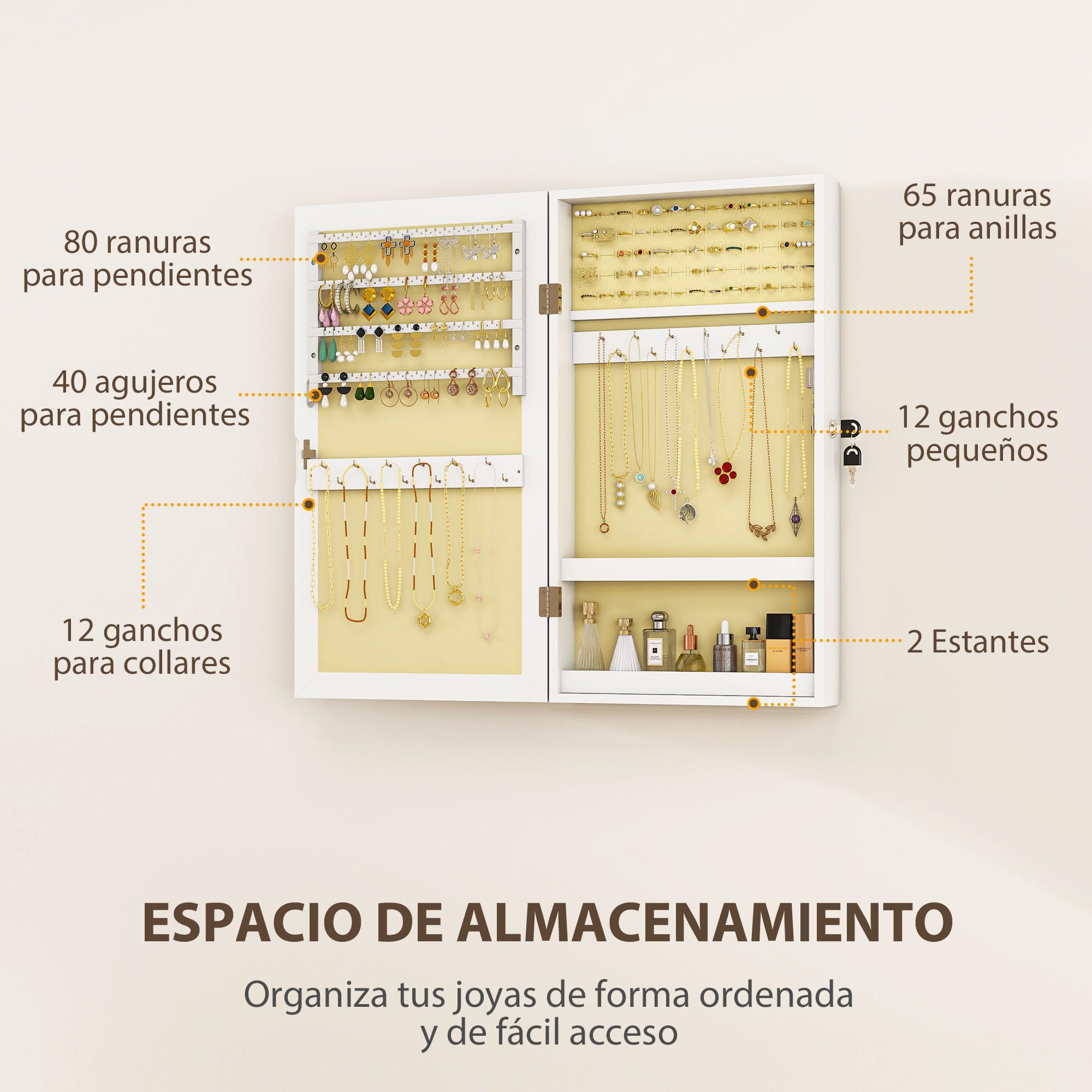HOMCOM Espejo Joyero de Pared Armario para Joyas con Cerradura y Varios Compartimentos Montar en Pared o Puerta para Pendiente Collar Anillo Pulsera Blanco y Forro Crema