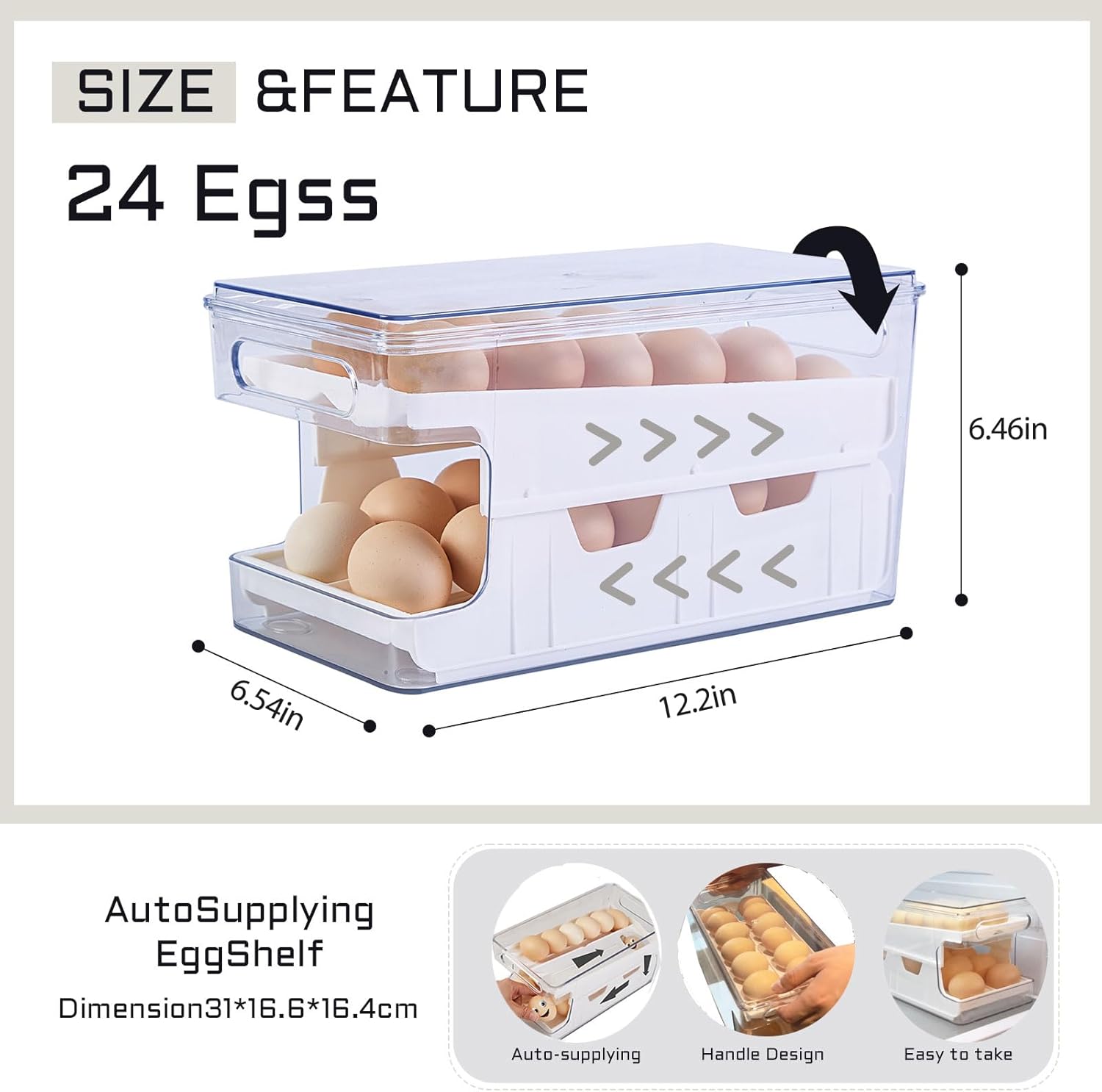 Rolling Egg Holder for Refrigerator,Eggs 24 Count Organizer for Refrigerator,Egg Storage Container Dispenser for Refrigerator,Deviled Egg Containers with Lid,Clear Plastic Egg Tray for f