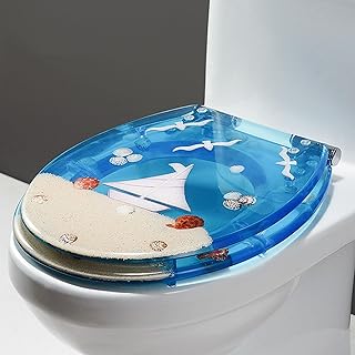 GSHUPIOU Asiento Inodoro Cierre Suave Blanco Forma D， A, Asiento de Inodoro Redondo de Resina con Tapa de Inodoro con Conchas Marinas Azules, Efectos 3D