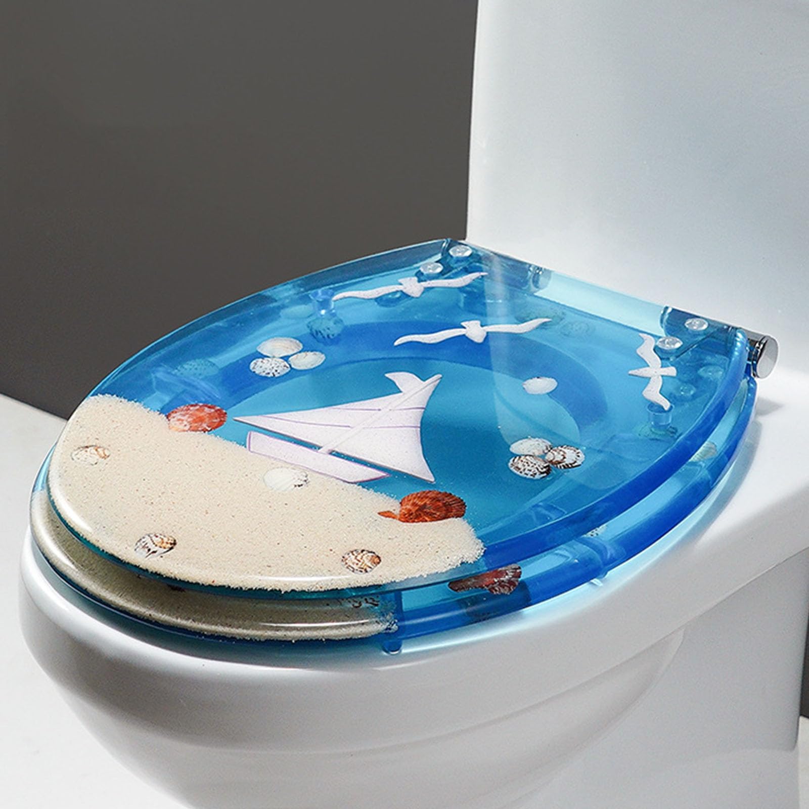 A,Deska sedesowa z żywicy, deska sedesowa o wolnym opadaniu z przezroczystą osłoną, seria Ocean Effects 3D, prawdziwe muszle i żwir, okrągła deska sedesowa ze stalowymi zawiasami