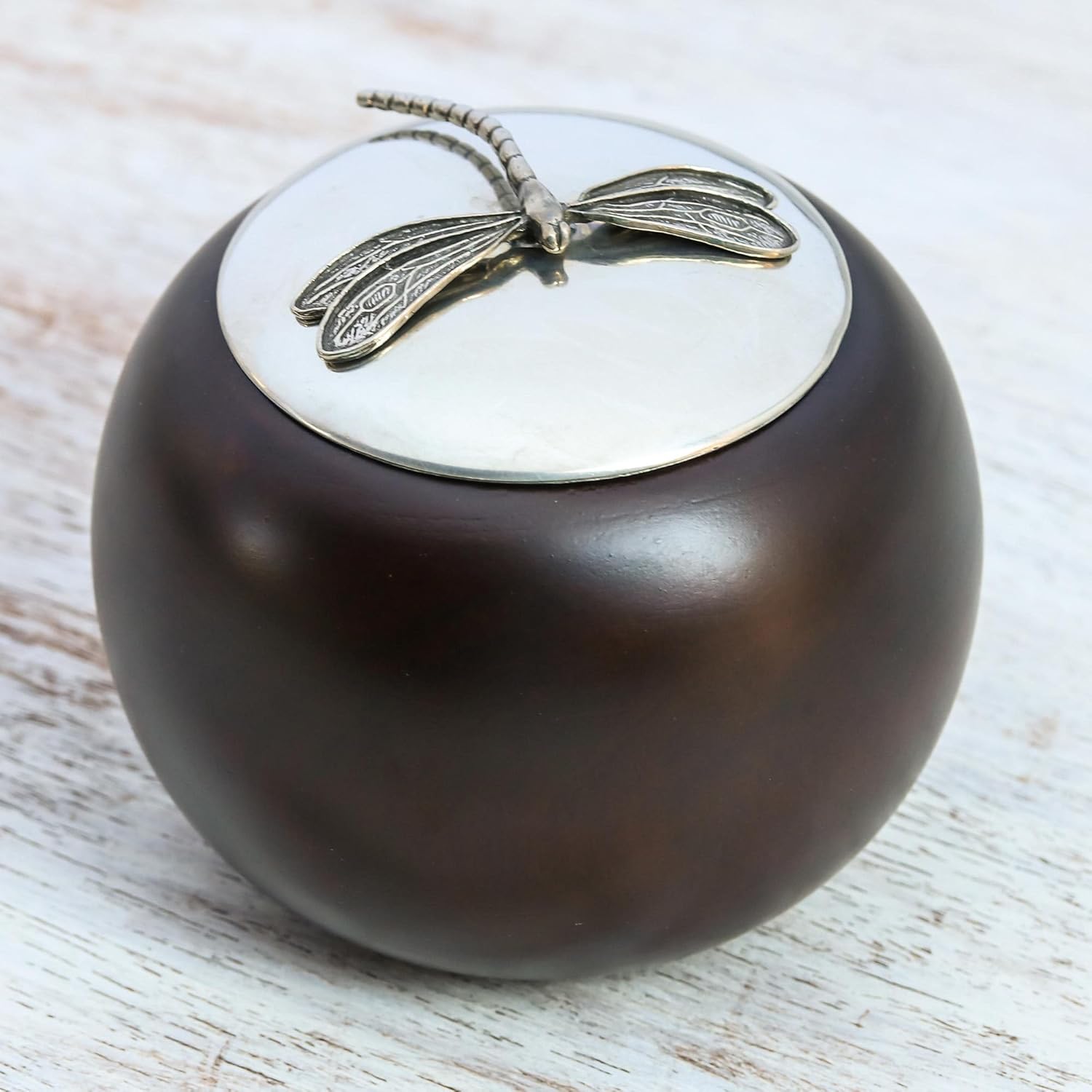 NOVICA Artisan Handmade Wood Pewter Decorative Jar Dragonfly 4 In. Brown Thailand Accessories Jars Bottles Animal Themed [3.5in H x 3.9in Diam.] ' The Dragonfly' 4 Inch