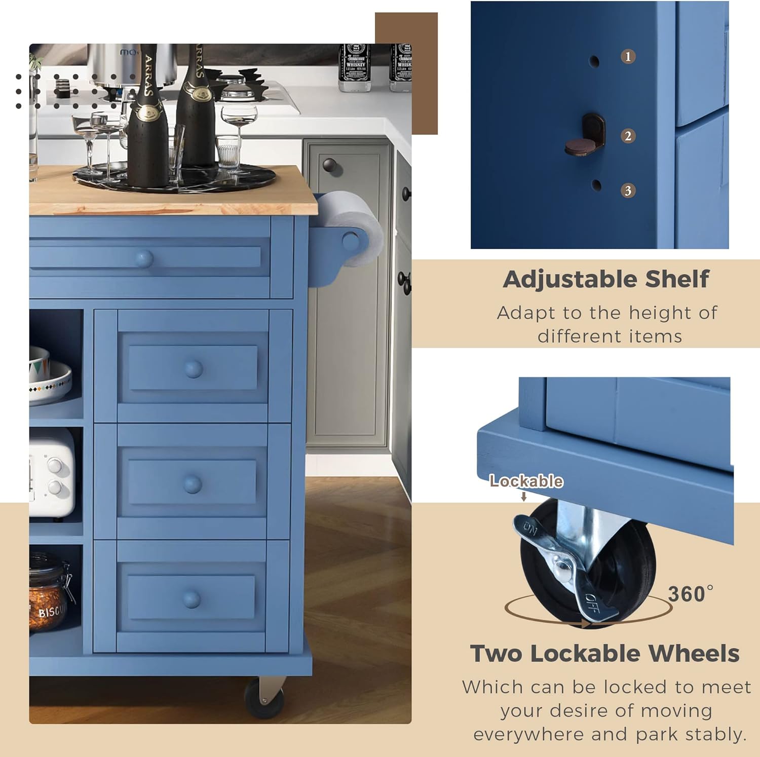 Blue Rubber Wood Mobile Kitchen Island with Storage 5 Drawers – 53 Inches Rolling, Spacious Worktop, Sturdy Design for Versatile Use
