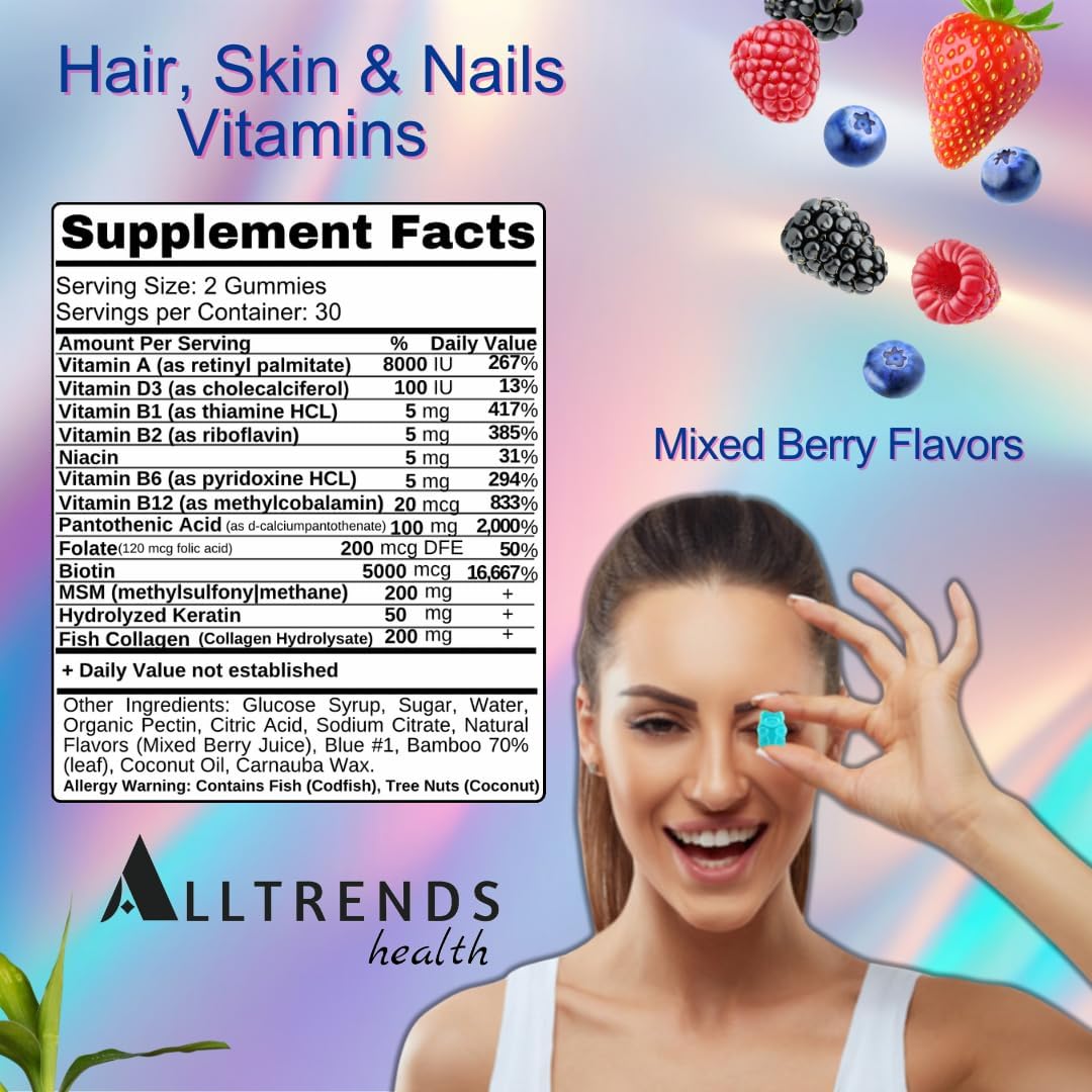 Alltrends Health Hair, Skin and Nails, Gummies Vitamins | Biotin 5000 mcg | Hydrolyzed Collagen 50 mg | Hydrolyzed Keratin 200 mg | Vitamins A,D,B Complex & Antioxidants | GMO-FREE | 60 Gummies. - Image 5