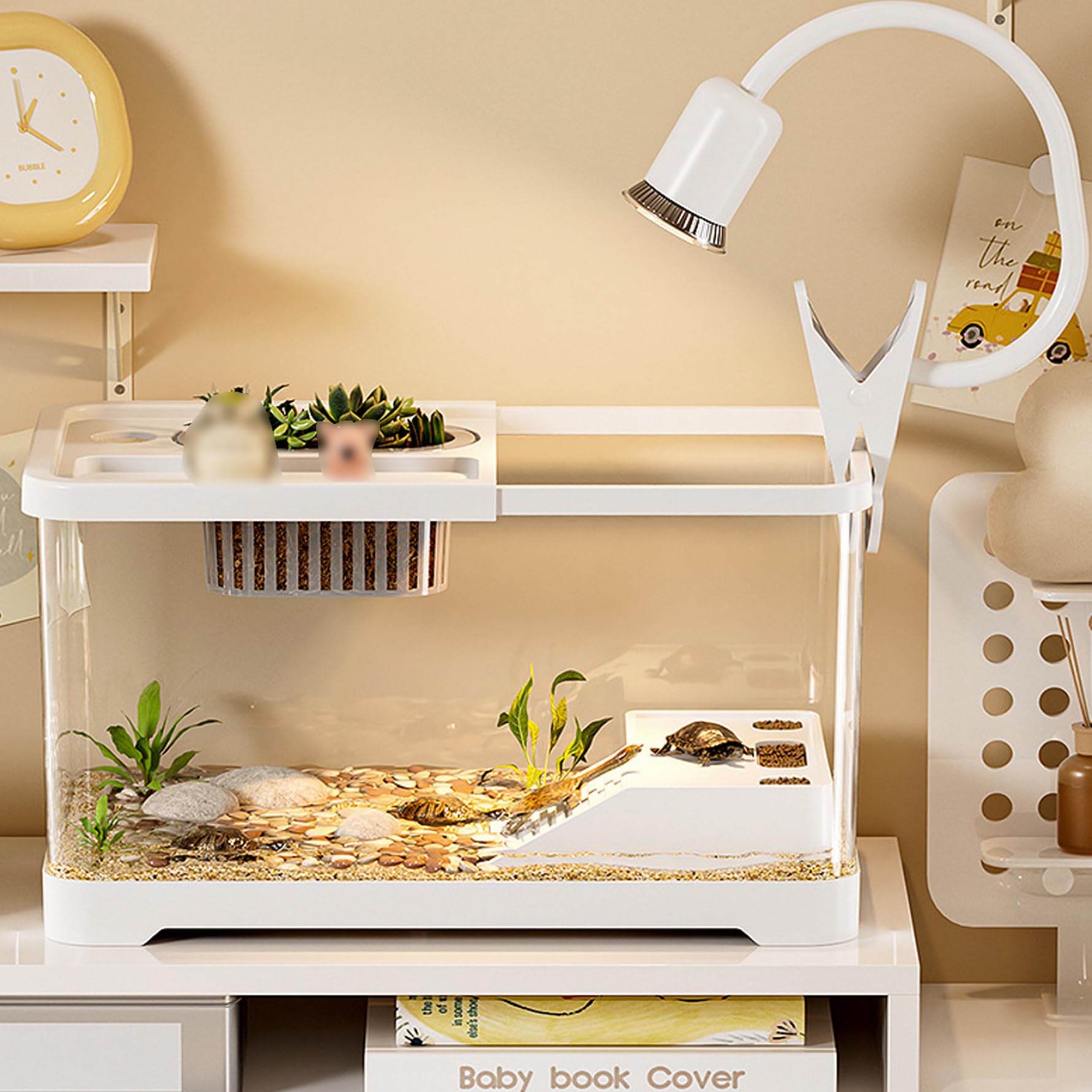 Acuario de Tortugas, pecera de plástico Transparente de 15 x 8 x 8 Pulgadas, Kit de hábitat para Tanque de Tortugas con Plataformas de Escalada y luz para y Animales acuáticos