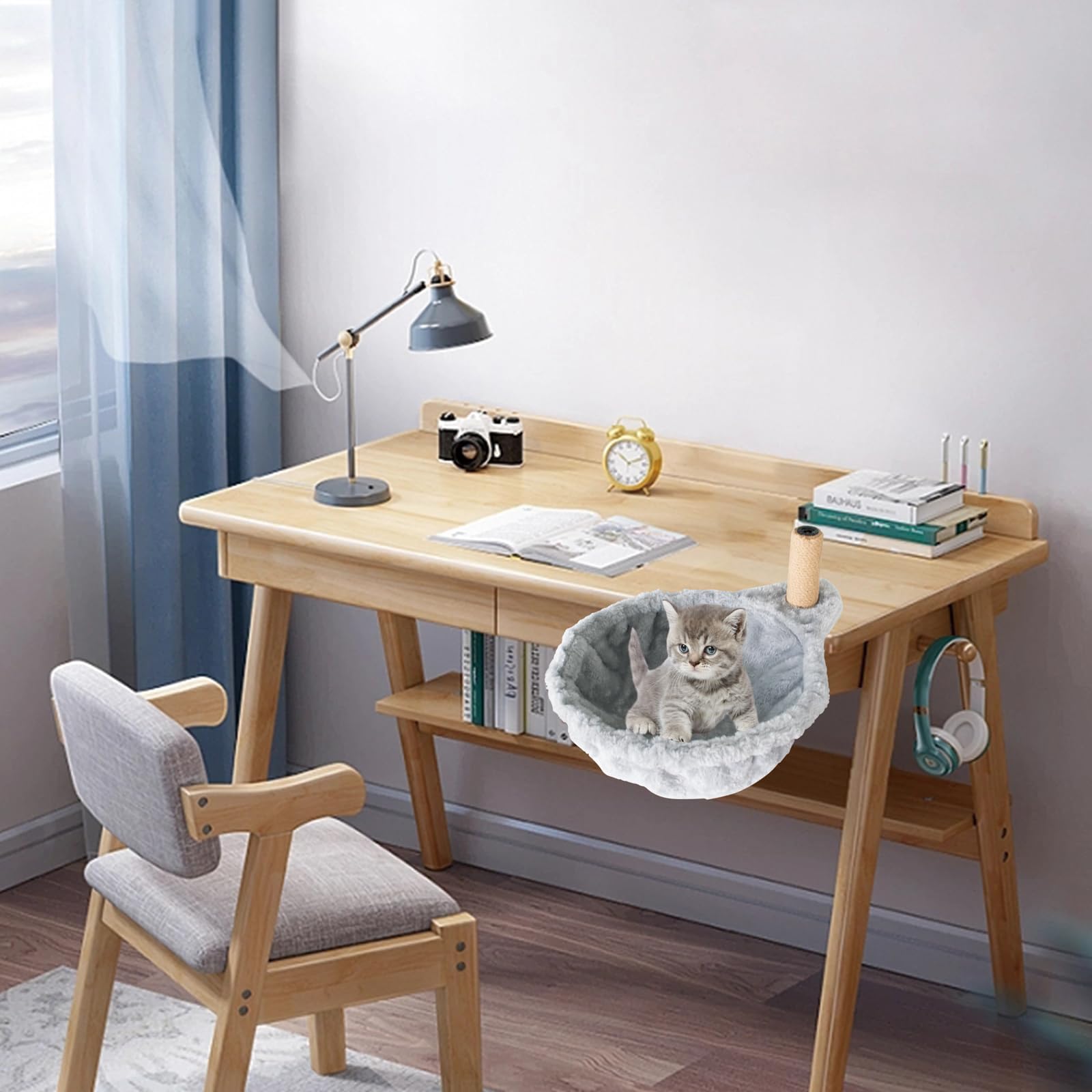 Cama Para Gatos Para Escritorio Con Árbol Para Rascar, Hamaca, Cesta, Cama De Felpa Gris, Diámetro 30 Cm Hasta 10 Kg
