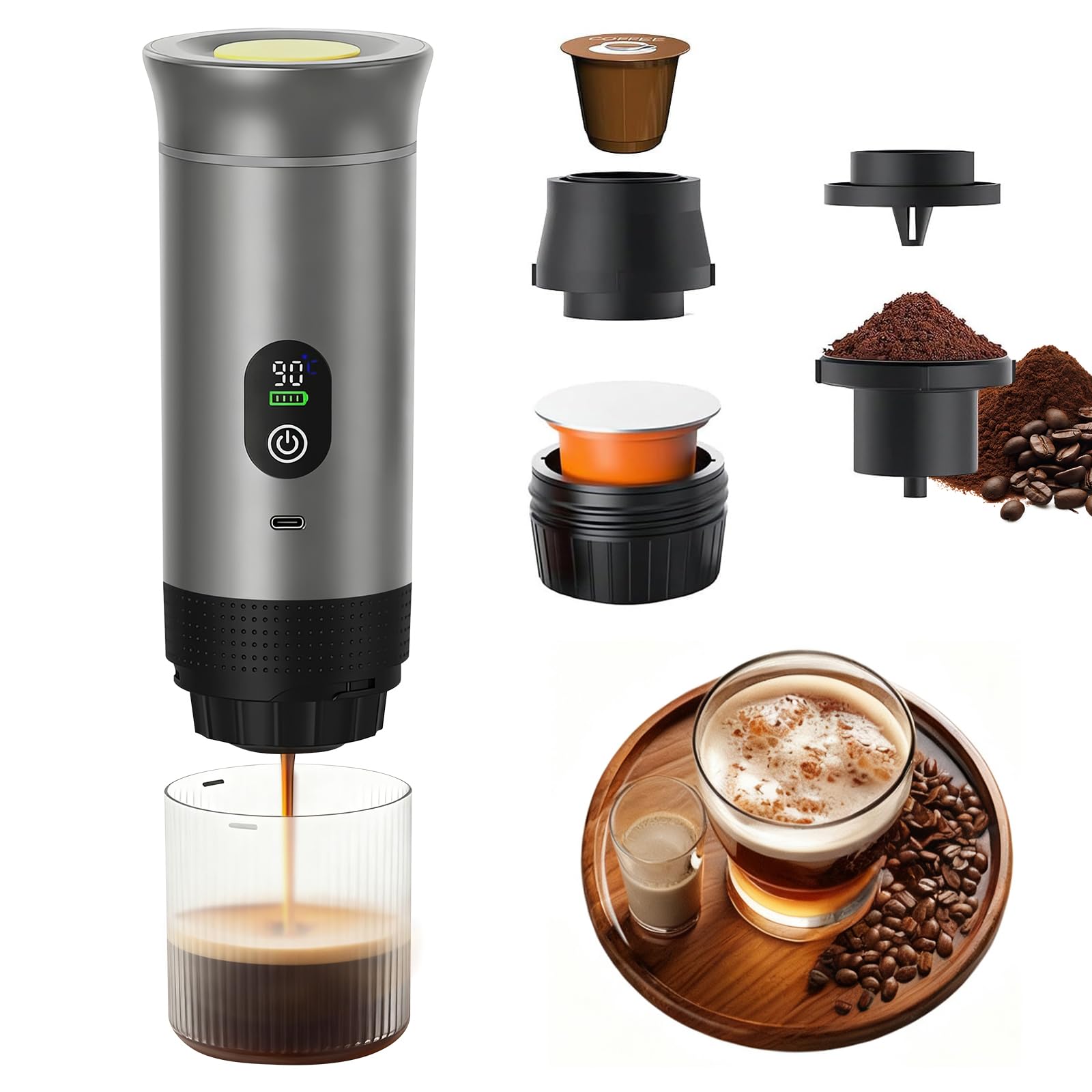 Cafetera espresso portátil compatible, mini cafetera 3 en 1 con batería | con cápsulas grandes, cápsulas pequeñas y café en polvo, calentamiento rápido, cafetera automática con pantalla