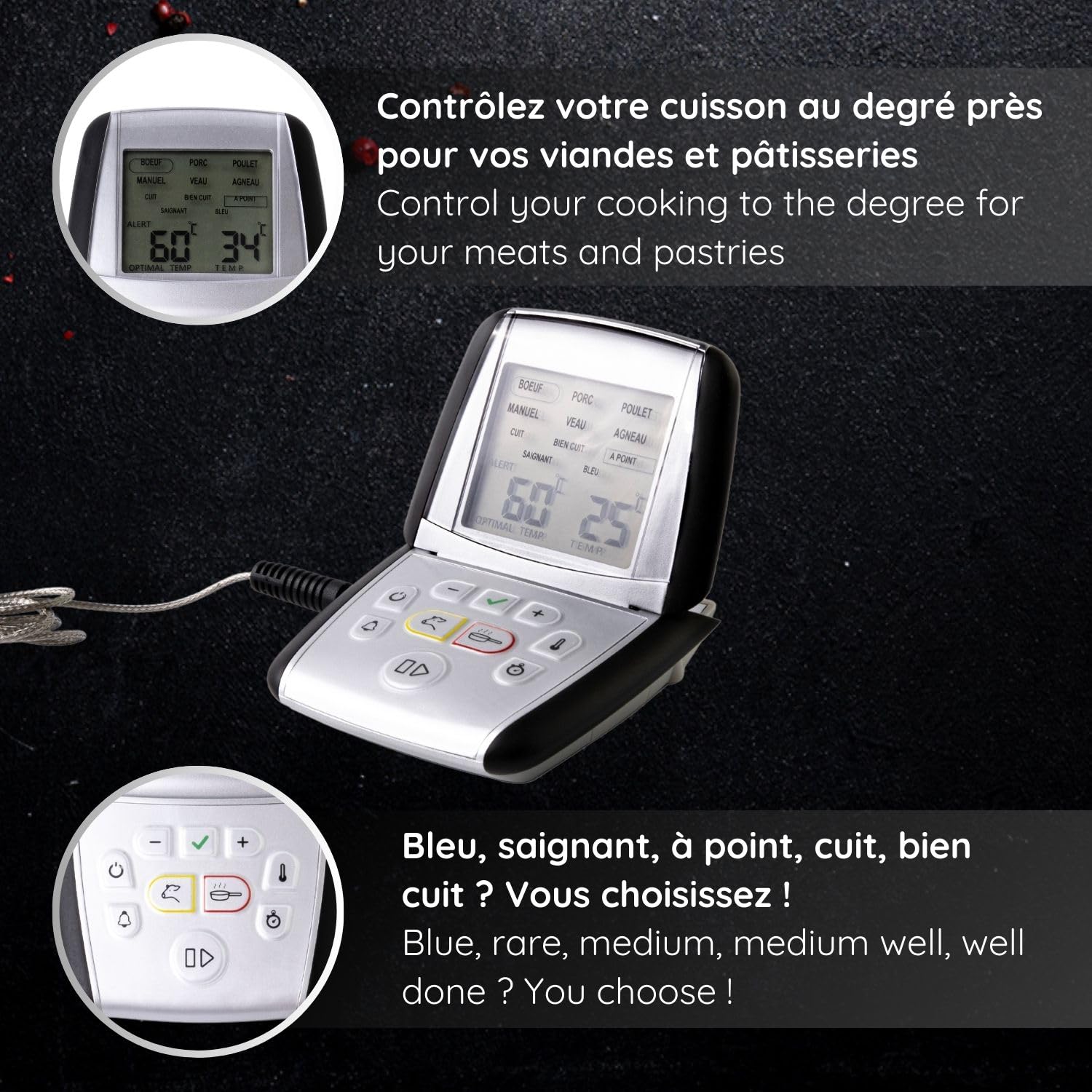 Mastrad - Bratenthermometer m°classic+ – Digitales Fleischthermometer mit Sonde – Ofenthermometer mit Alarm – Kerntemperaturmesser 0–210°C – Für Ofen, Grill & Induktion
