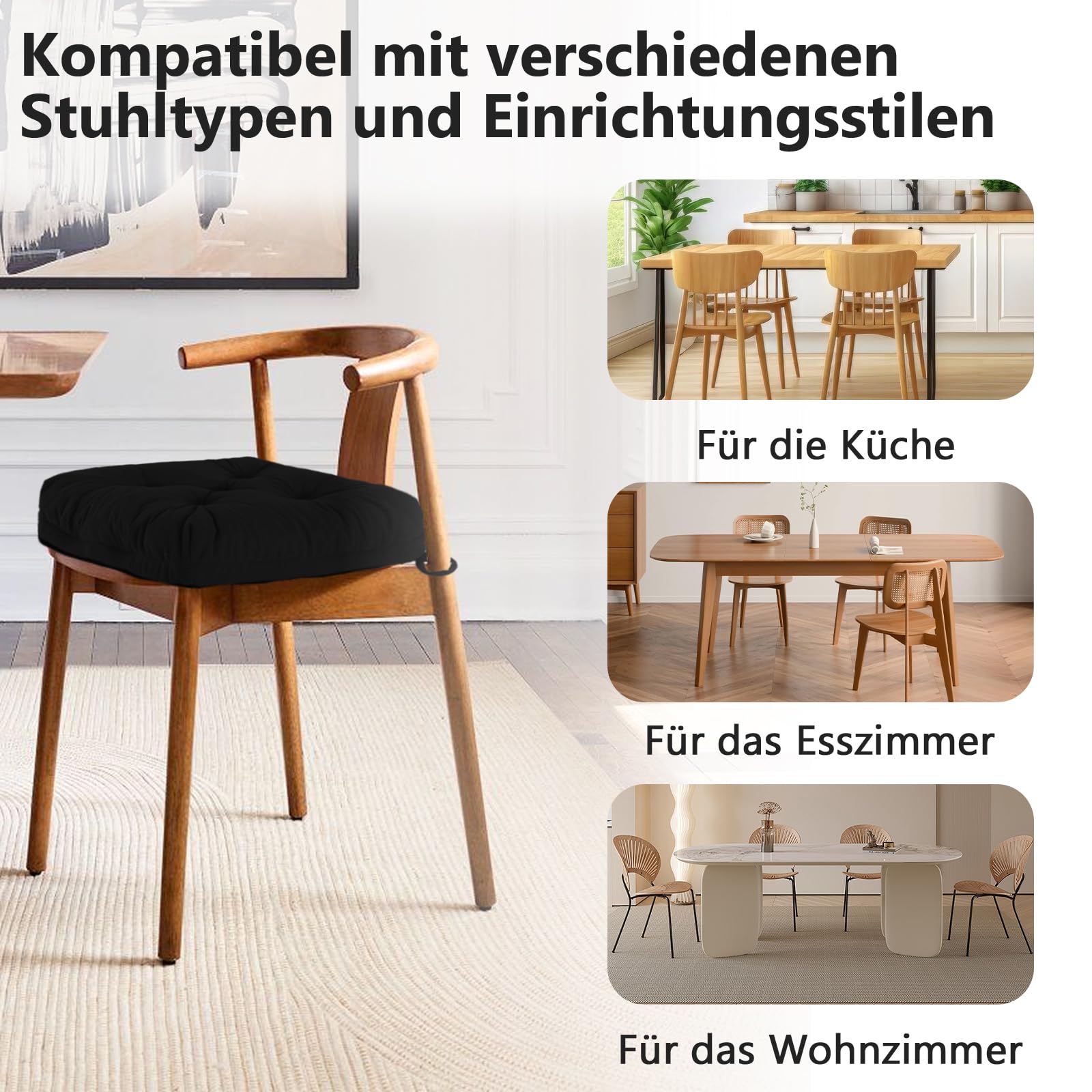 Sitzkissen, 2er Set Stuhlkissen aus Cordstoff, Memory Foam mit Doppel-Layer Design, Befestigungsriemen & Tacker-Design, Pflegeleicht für Esszimmer & Bürostühle, 45x45x8cm, Schwarz