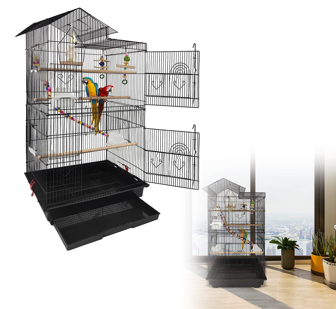 HENGMEI Papageienkäfig Vogelvoliere Vogelkäfig Vogelhaus Käfig Voliere kanarienvögelkäfig mit Spielzeug, Rollen Schwarz 46x35,5x99cm (B, mit Dach)