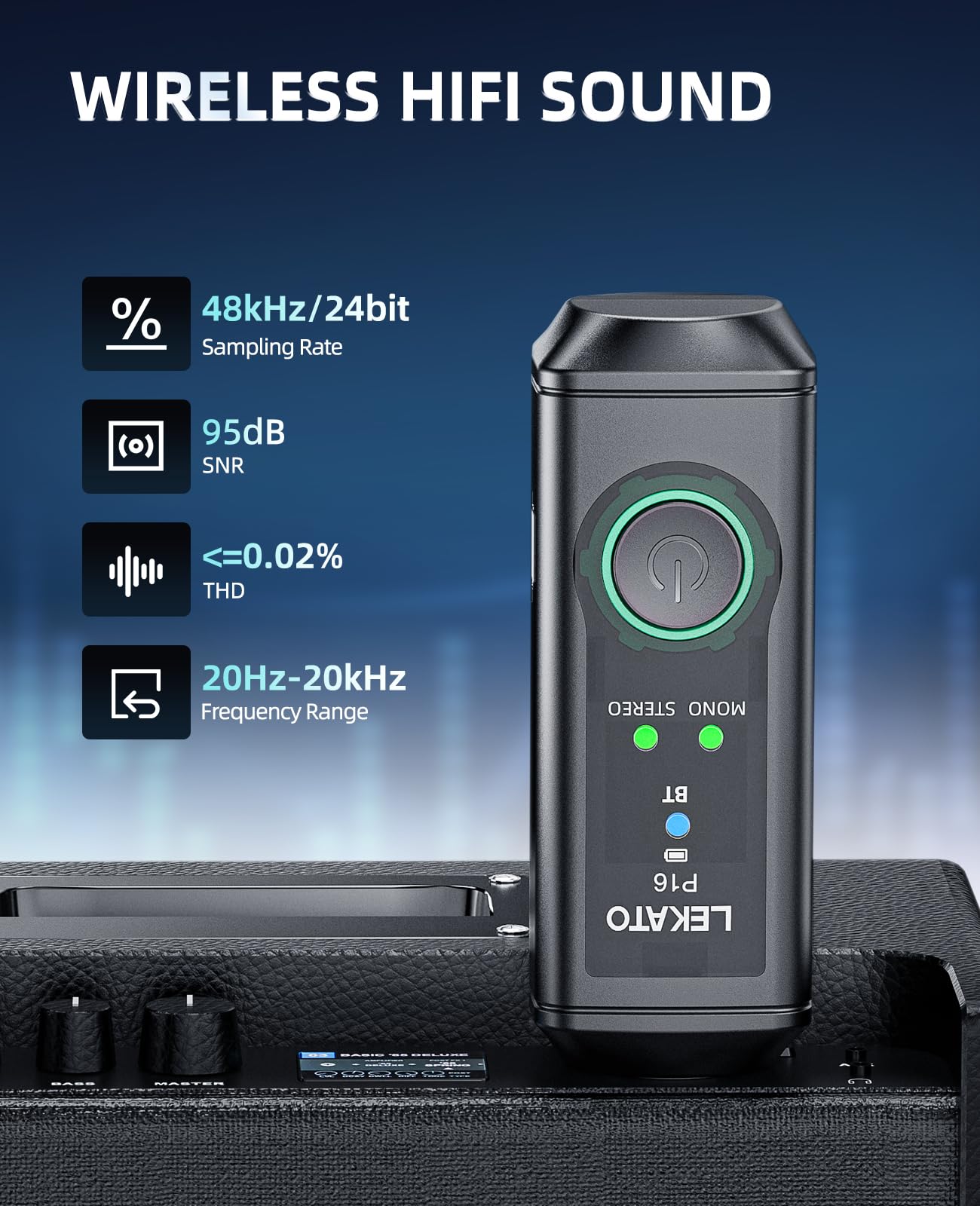 LEKATO P16 Ricevitore Bluetooth XLR, Audio Mono/Stereo, Autonomia 15 Ore, Bluetooth 5.3, 48kHz/24bit, Portata 50 m, per Mixer, DJ e Sistemi PA