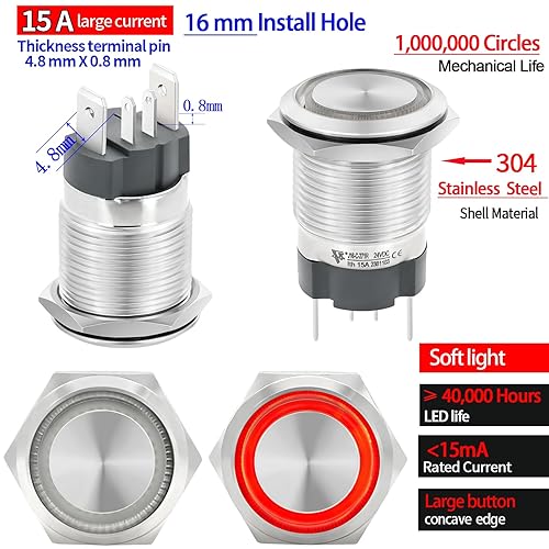 Miniatura 40 de Interruptor de botón ZJWZJH de 15 amperios con pestillo de 0.630 in, impermeable, IP67, 12 V, CC, 24 V, encendido y apagado, luz LED azul