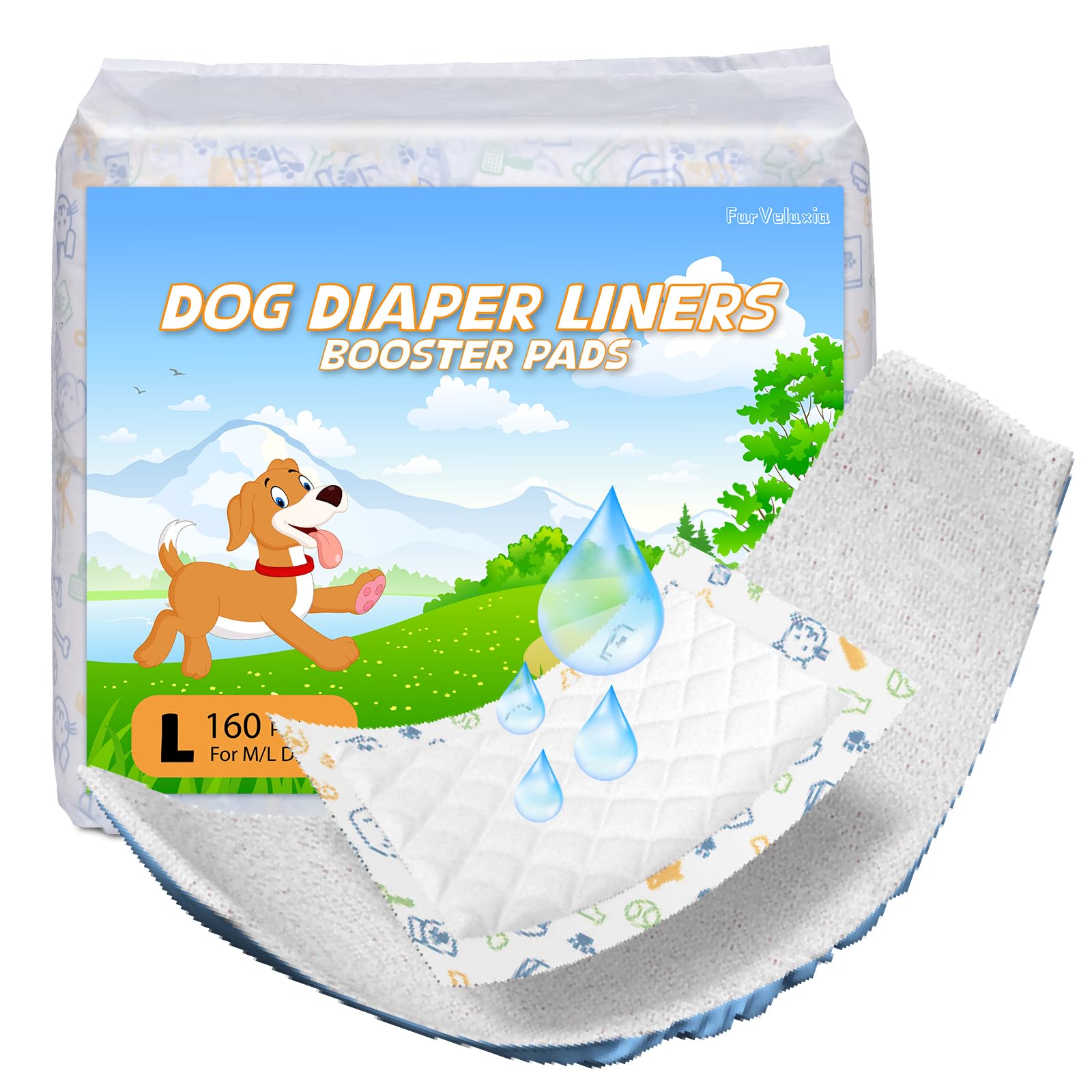FurVeluxia Dog Diaper Liners 160ct, Disposable Dog Diaper Pads Liner Female and Male Super Absorbent Doggie Period Diaper Inserts fit Most Puppy Diapers,Belly Band(Long)
