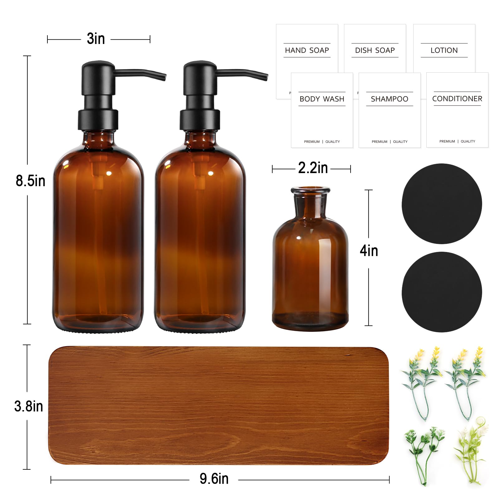 Set dispenser di sapone per mani e piatti, per cucina, dispenser di sapone in vetro ambrato con pompa in acciaio inossidabile, set di dispenser di sapone da cucina con vassoio in legno, dispenser di
