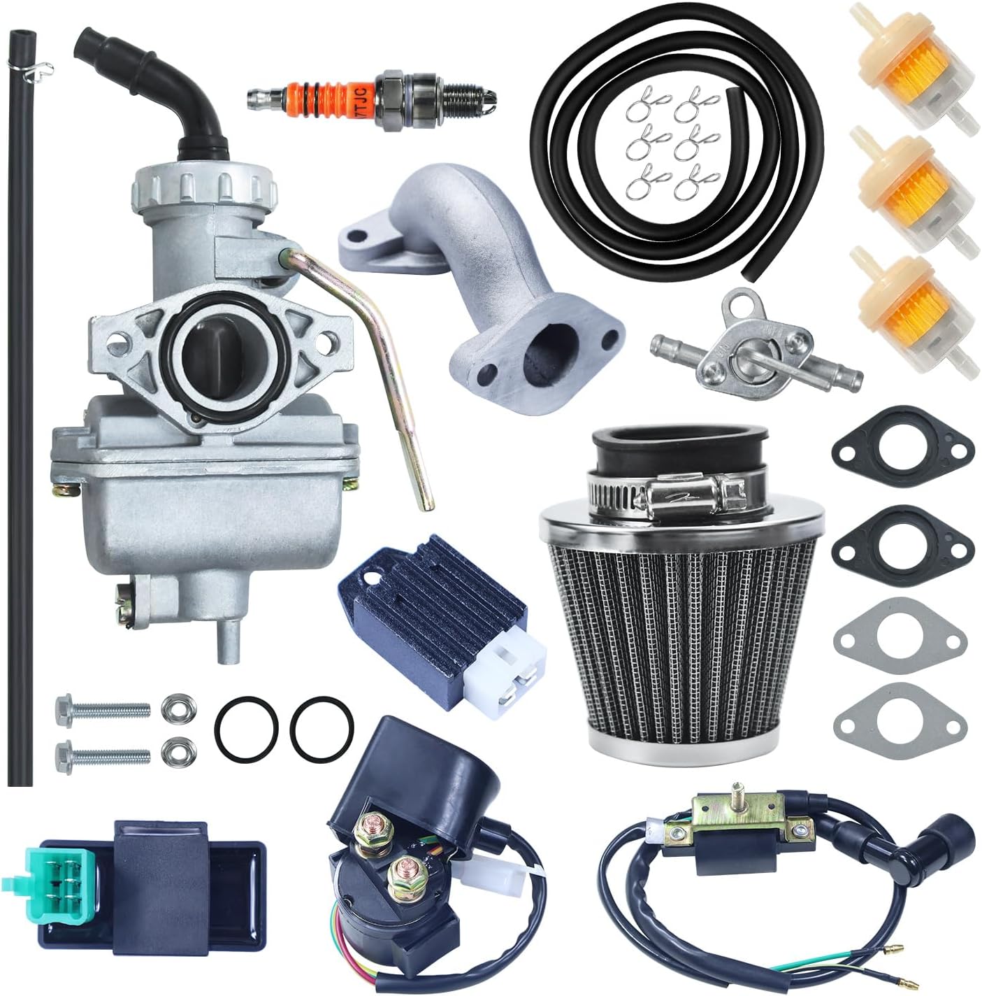 PZ20 Carburetor Carb Air filter AC CDI Box Ignition Coil Starter Solenoid Relay Voltage Regulator for 110cc 125cc Taotao Coolster Apollo Kazuma Chinese ATV Four Wheeler Quad Dirt Pit Bike Black