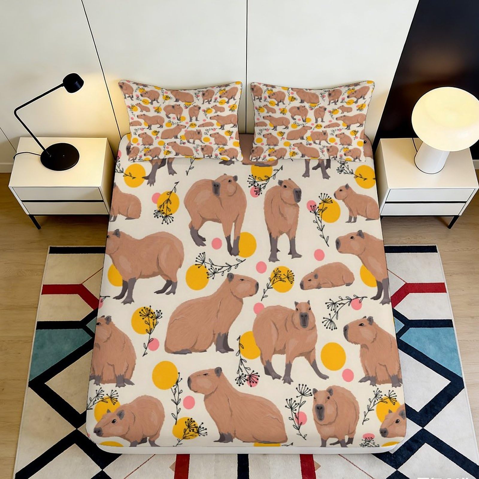 3D Printed Capybara Animal Fitted Sheet Microfiber Soft Yellow Botanical Mattress Cover Bedroom Dorm Decor 90x200x25cm