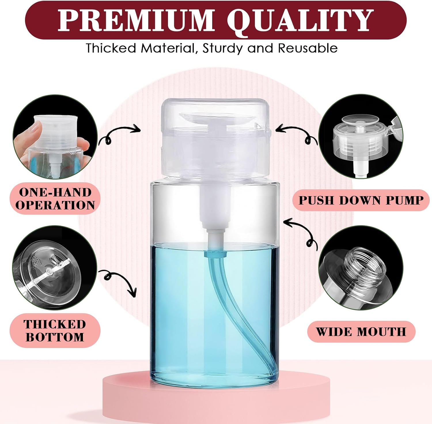 4 Pack Push Down Pump Dispenser 6.7oz/200ML Empty Acetone Dispenser Push Top Alcohol Bottles Containers for Nail Polish Makeup Remover Water Facial Toner