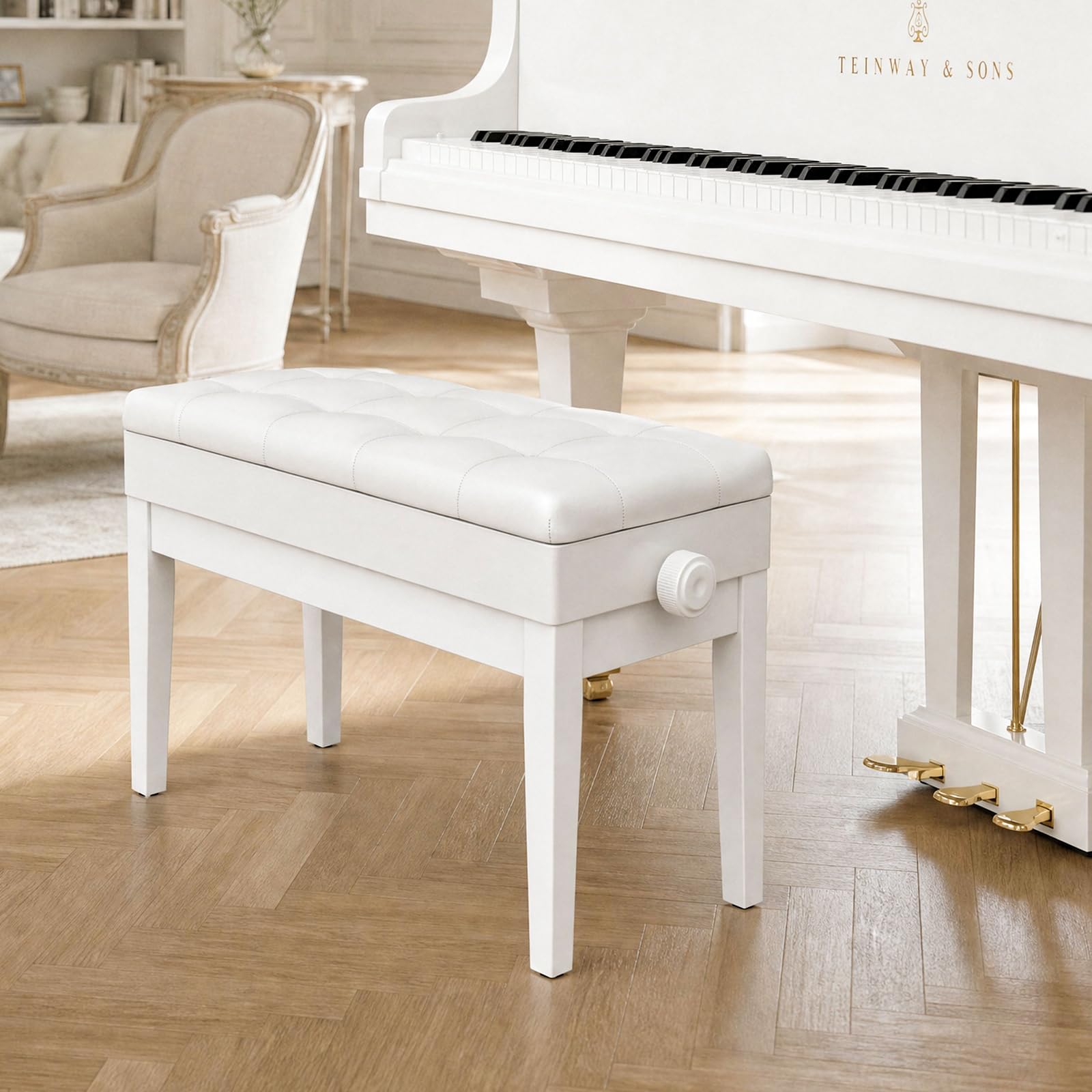 MAMIZO Regulowana wysokość 48-58 cm, ławka fortepianowa 2 osoby z przechowywaniem, krzesło fortepianowe, 4 szt. Nogi fortepianowe z litego drewna, ławka fortepianowa maks. obciążenie 200 kg, biała