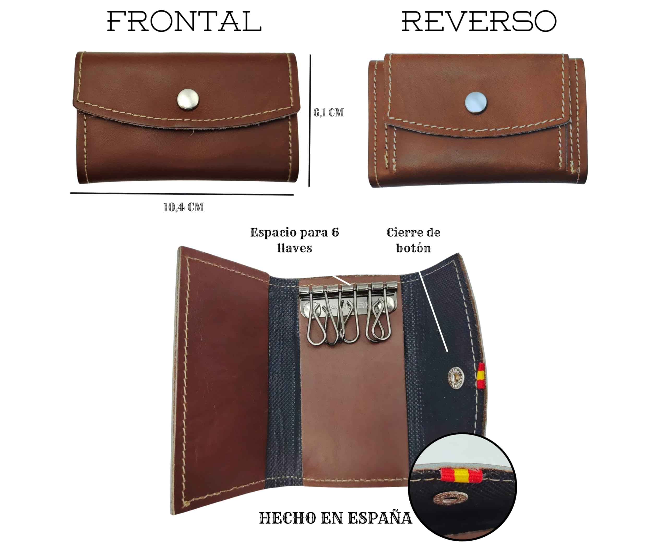 Navaja Damasco 73 Capas | Hoja 6 cm, Back Lock, Virola Alpaca, Caja Imantada | Llavero Monedero de Piel Hecho en España para 6 Llaves con Cierre de Botón (Damasco Marrón)