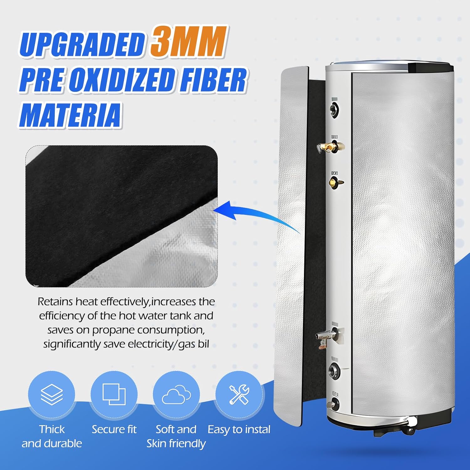 Upgraded Water Heater Insulation Blanket 76"x48", Pre-Oxidized Fiber for Energy Savings, Soft Tight Fit, Easy to Cut & Install, with 25.5" Round Top Spacer & 16FT Foil Tape, Fits 40-80 Gallon Tanks
